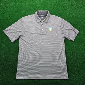 Oxford America Polo Shirt Mens Large Black Striped Golf Performance Casual Logos
